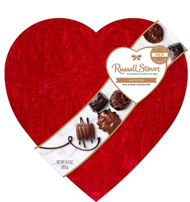 Valentine's Day Chocolate Assortment Gift Box | 11 Teddy Bear Plush (Red or White) PLUS A Free BBO Hand Stress Ball (Russell Stover Assorted Milk and Dark Chocolates Velvet Heart shape Box, 17 Count)