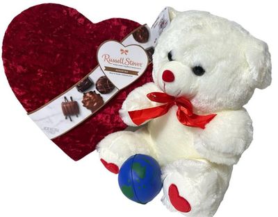 Valentine&#39;s Day Chocolate Assortment Gift Box | 11 Teddy Bear Plush (Red or White) PLUS A Free BBO Hand Stress Ball (Russell Stover Assorted Milk and Dark Chocolates Velvet Heart shape Box, 17 Count)