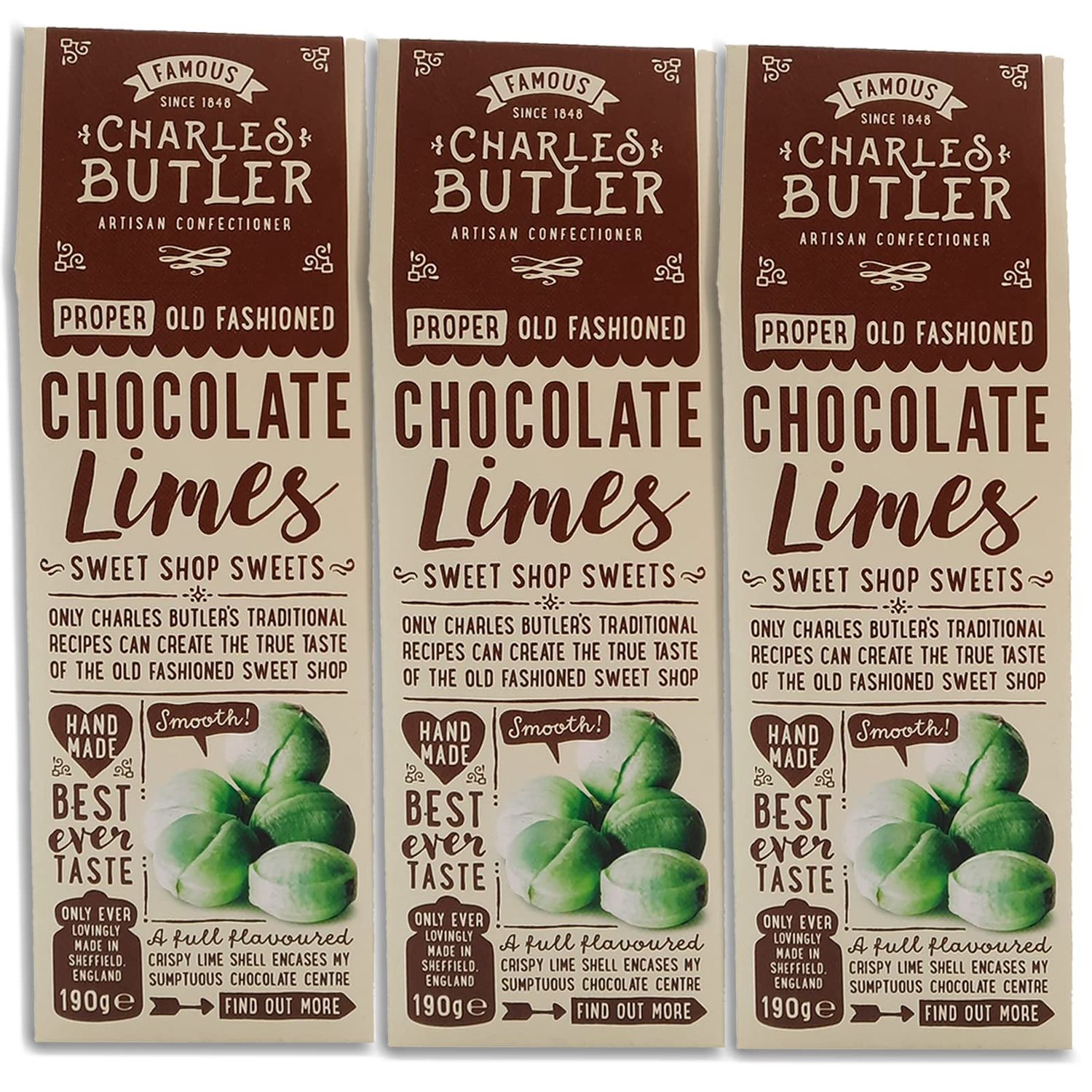 Charles Butler Chocolate Limes | Pack of 3 | Each Pack Weighs 190g | Proper Old Fashioned Chocolate limes | Quality Hand Made Confectionery