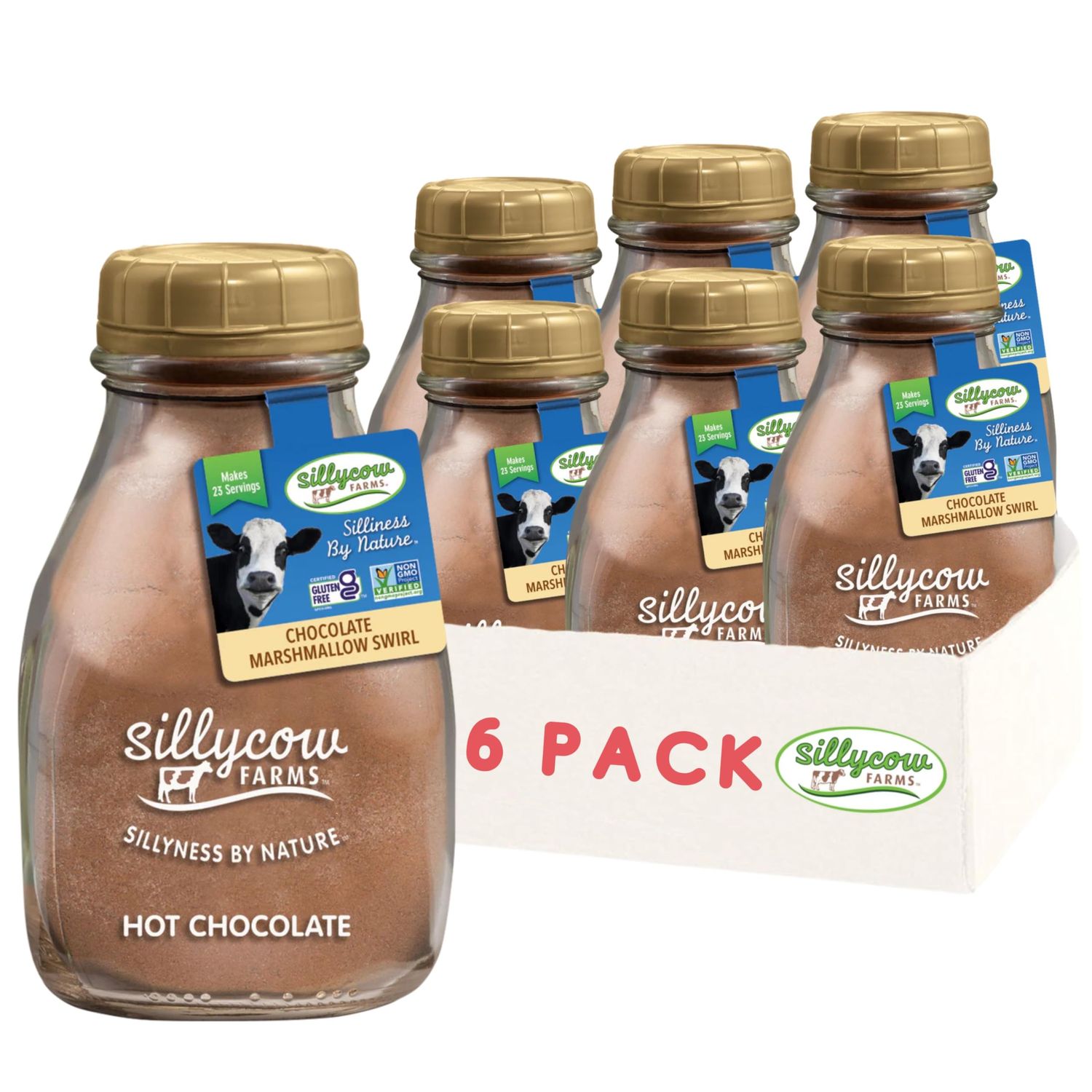 Sillycow Farms Hot Chocolate Marshmallow Swirl Mix Rich Cocoa Delight Gluten Free Non GMO Dairy Free Indulgence with Pure marshmallow Swirl Flavor Reusable Packaging 16.9 oz Glass Bottle Pack of 6