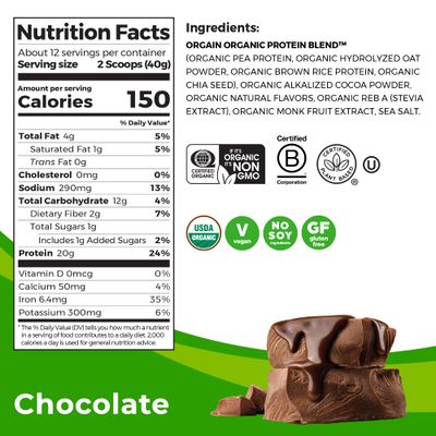 Orgain Organic Vegan Protein Powder + Oat Milk, Chocolate - 20g Plant Based Protein, Gluten Free, No Dairy, Soy or Lactose Ingredients, Low Sugar, Non-GMO, Kosher, For Shakes &amp; Smoothies - 1.05lb