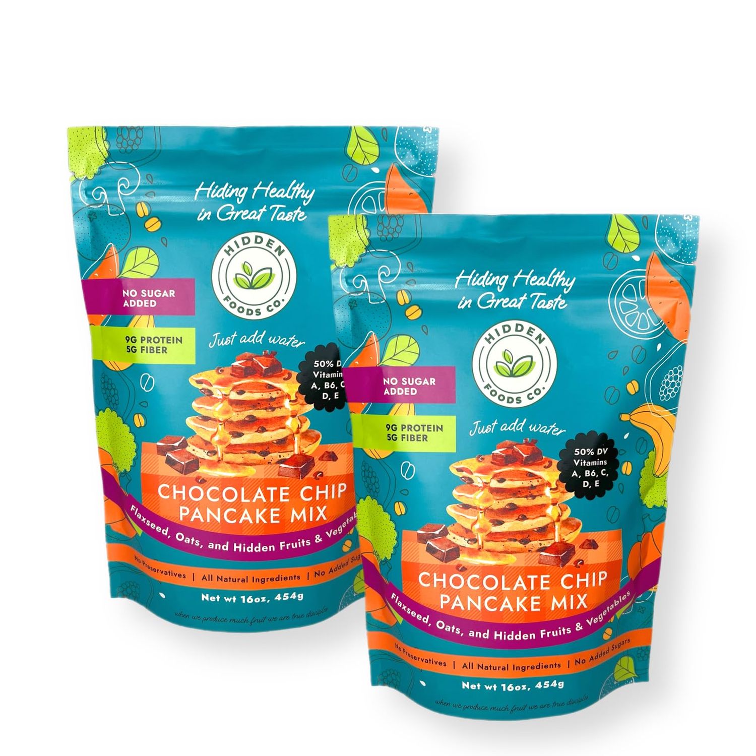 Hidden Foods Chocolate Pancake Mix with Monk Fruit - Chocolate Chip Pancakes Perfect Breakfast - Fiber and Protein Choco Pancake Mix with Wheat &amp; Oat Flour Blend of Vegetables - Waffle Mix 2 Pack