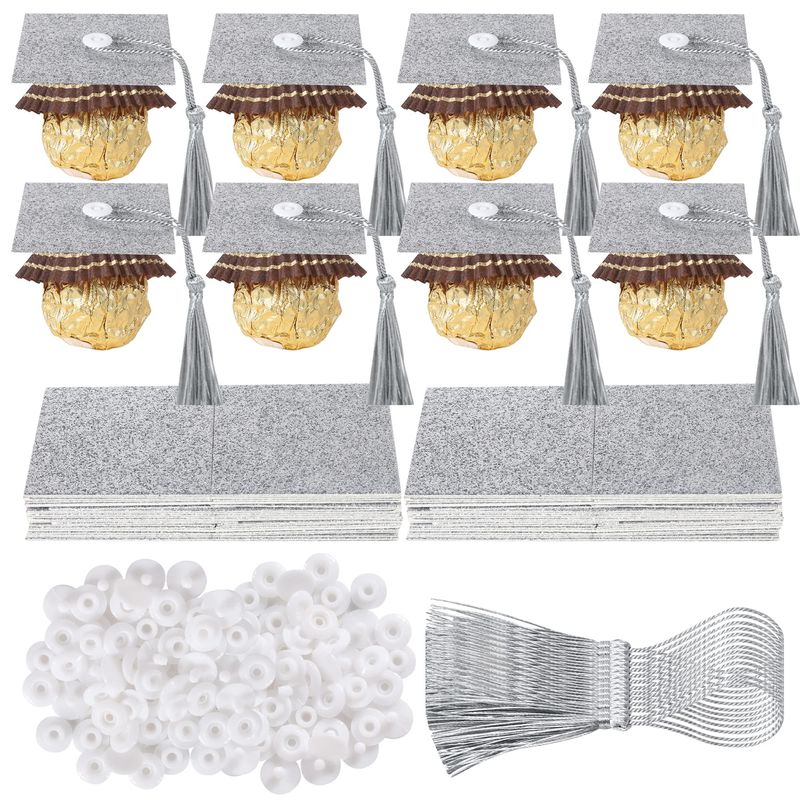 Rsstarxi 36 Pack 2024 Graduation Cap Cupcake Toppers with Tassel Adhesive Dots Chocolate Decorations Class of 2024 Graduation Decorations for 2024 Graduation Theme Party Cake Decorations Silver