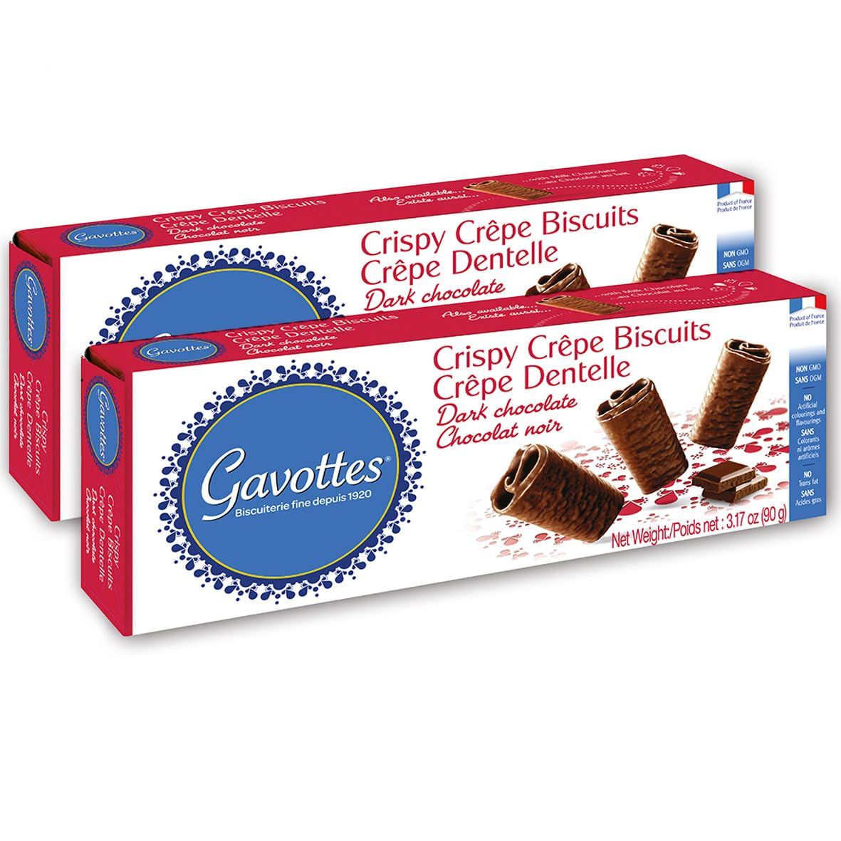 Gavottes French Dark-Chocolate-Covered Mini Crispy Crepes 2 Pack | Ready to eat Crispy Crepes | Crispy Crepes From France | Mini Chocolate Covered Crispy Crepes (2 Packs of 18 | 2 x 3.17oz/90g)