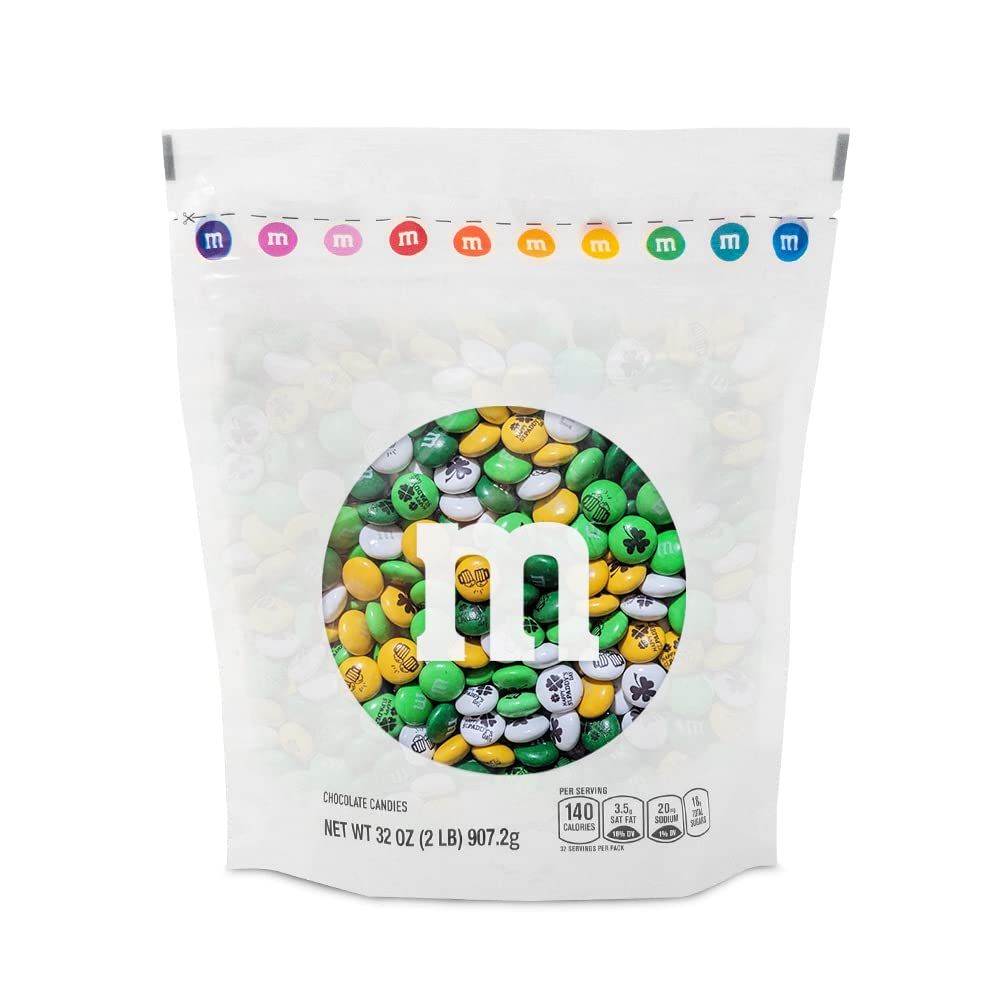 M&amp;MS St. Patricks Day Milk Chocolate Candies, 2 Pounds of Green, White &amp; Gold Bulk Candy Printed With St. Patricks Day Themed Images, Resealable Pack for Parades, Celebrations, DIY Favors &amp; More