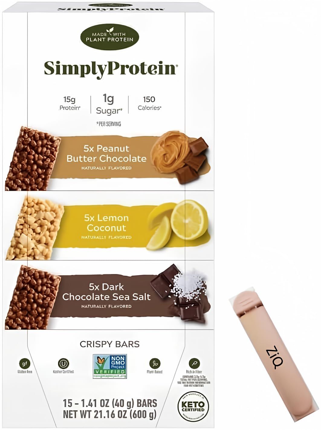 Simply Protein Crispy Bars 1.41 oz, Variety15-count (Peanut Butter Chocolate, Lemon Coconut, Dark Chocolate Sea Salt) / ZiQ Food Clip 1pc
