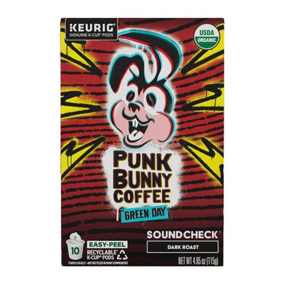 Punk Bunny Soundcheck Coffee from Green Day - Dark Roast K Cup Coffee Pods - Naturally Low Acid Coffee, 10 count box of Organic Coffee with Dark Chocolate Notes and Spice