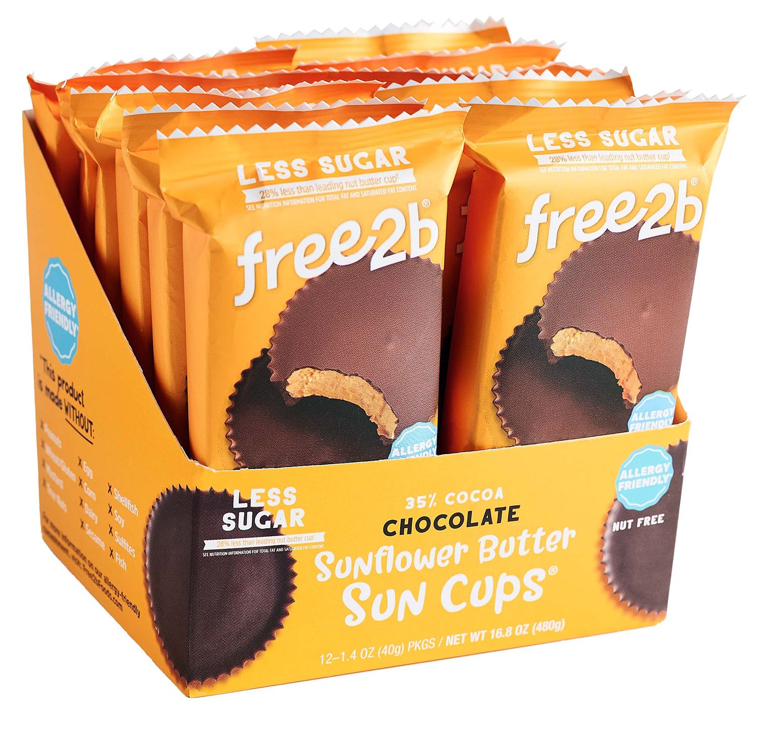 Free2b Sunflower Butter Sun Cups, Safe for School and Allergy Friendly - Gluten-Free, Dairy-Free, Nut-Free, and Soy-Free - Chocolate, 2-Cup Packages (Pack of 12)