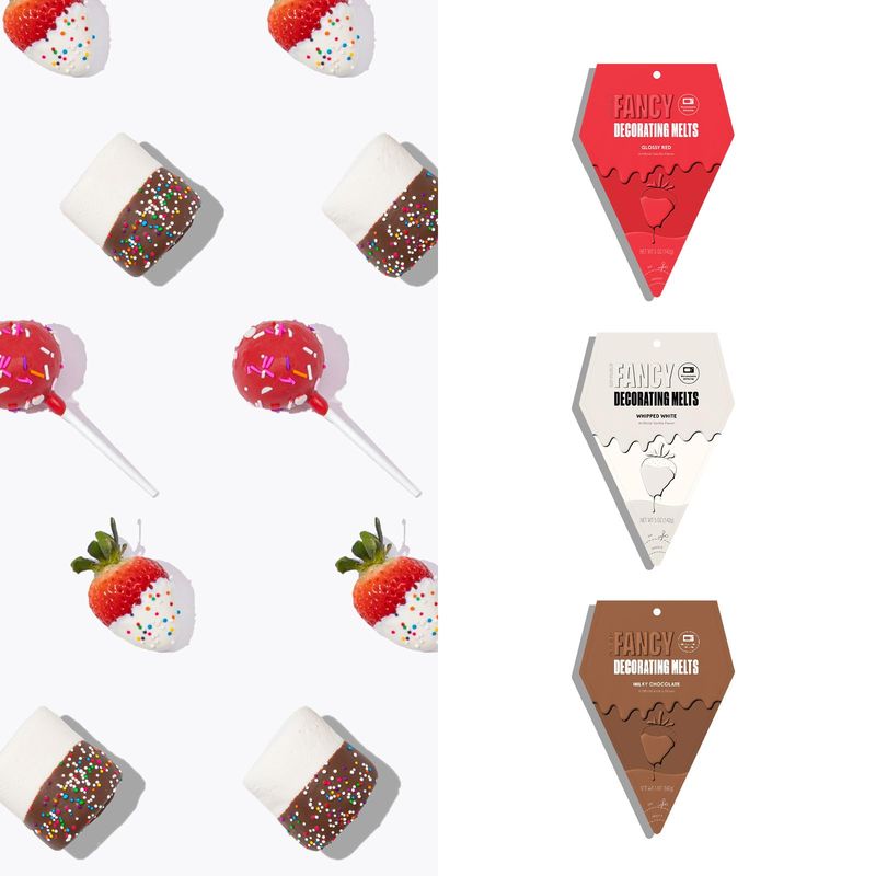 Fancy Sprinkles V-Day Glossy Red, Milky Chocolate, Whipped White Set Fancy Decorating Melts for Baking, Melting Chocolate in Ready-to-Use Bag, for Dipping, Coating, and Drizzling