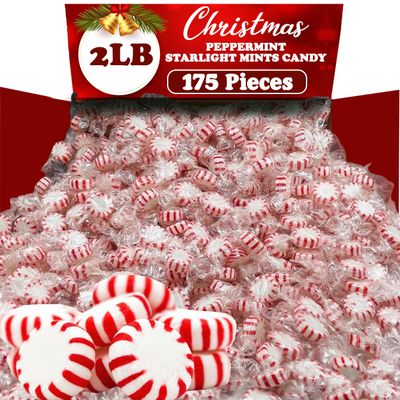 Starlights Peppermint Candy Mints, 2 Lbs, Individually Wrapped Holiday Hard Candy Mints, Red and White Striped Mint Candy Stocking Stuffer and Holiday Decor, Christmas Candy Bulk, Appx 150 Pieces