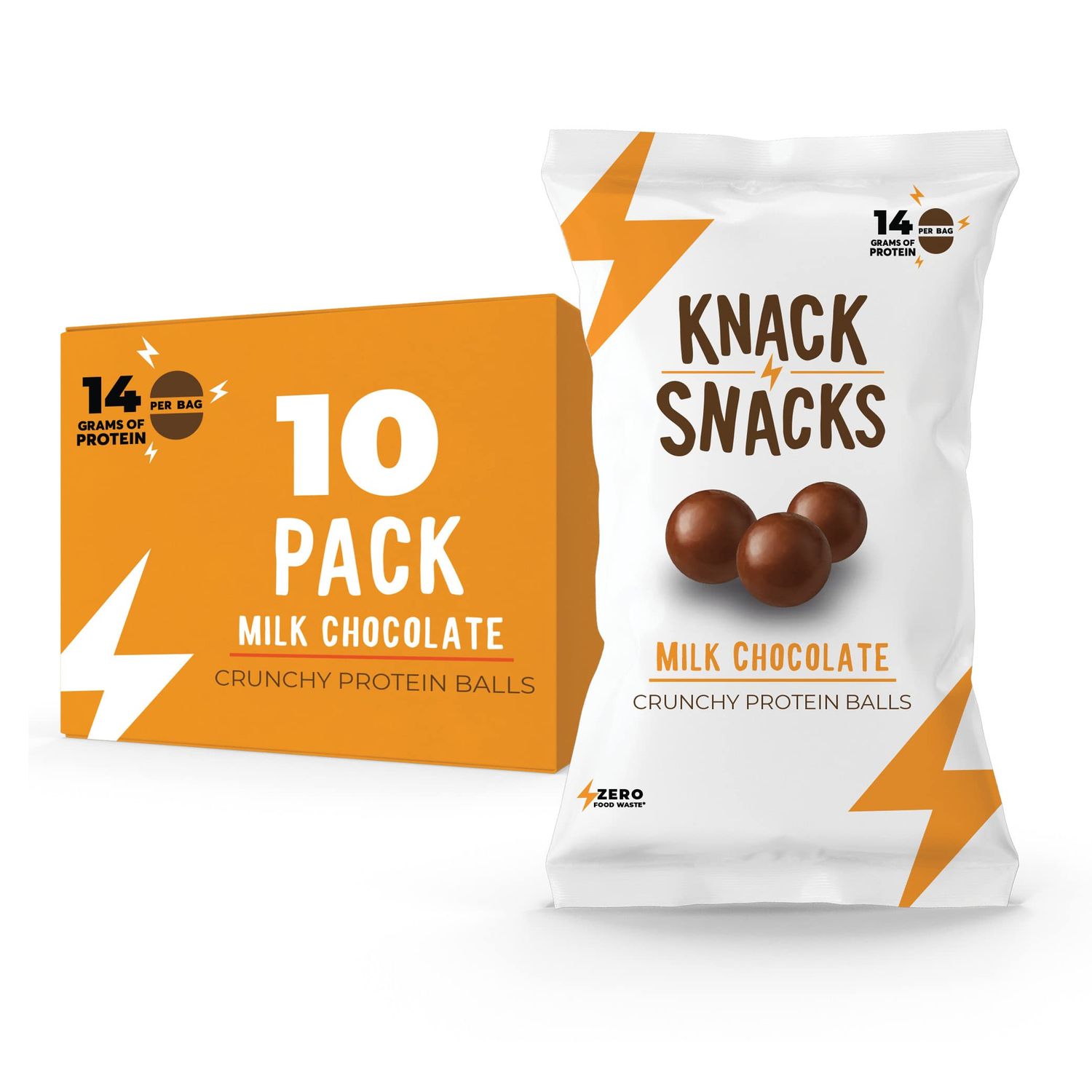 Knack Snacks | Crunchy Protein Balls - Milk Chocolate Flavour (10x 1.2oz Bags) | High Protein Snack, Naturally Gluten Free Lower Sugar, Protein Balls