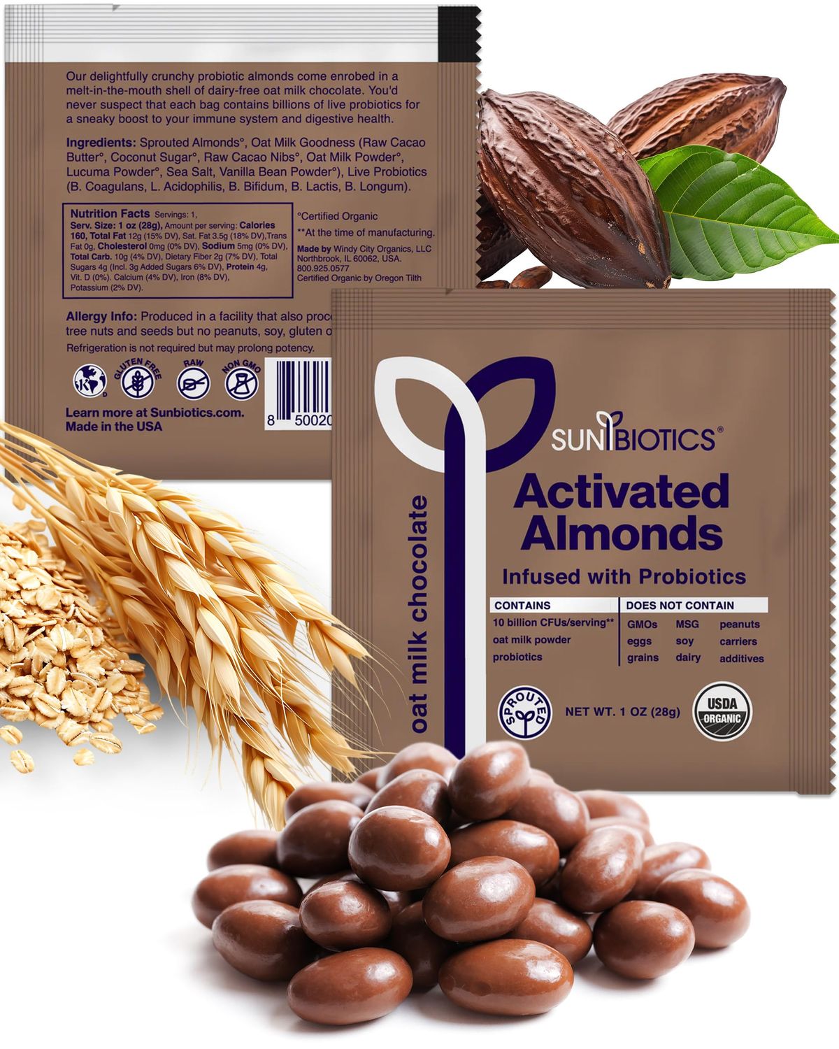Sunbiotics Activated Almonds - Organic Sprouted Almonds with 10 Billion CFUs of 4 Probiotic Strains for Good Gut Flora, Immune System, &amp; Balanced Microbiome - Oat Milk Chocolate, (Pack of 1)