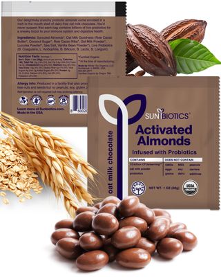 Sunbiotics Activated Almonds - Organic Sprouted Almonds with 10 Billion CFUs of 4 Probiotic Strains for Good Gut Flora, Immune System, &amp; Balanced Microbiome - Oat Milk Chocolate, (Pack of 1)