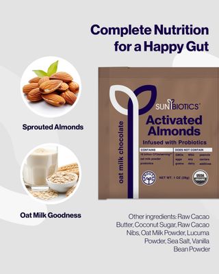 Sunbiotics Activated Almonds - Organic Sprouted Almonds with 10 Billion CFUs of 4 Probiotic Strains for Good Gut Flora, Immune System, & Balanced Microbiome - Oat Milk Chocolate, (Pack of 1)