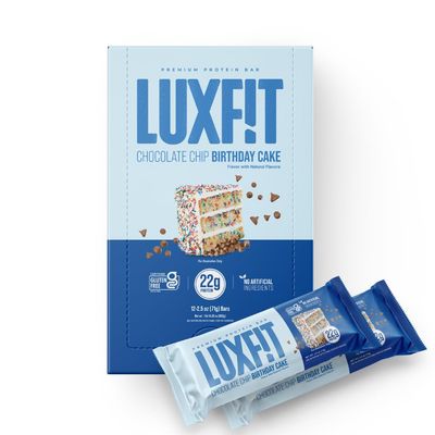LUXFIT Chocolate Chip Birthday Cake Protein Bar - 22G Whey Protein, Gluten Free, No Artificial Ingredients, Naturally Sweetened w/Honey, Incredible Taste &amp; Texture! - 12 Count (pack of 1)
