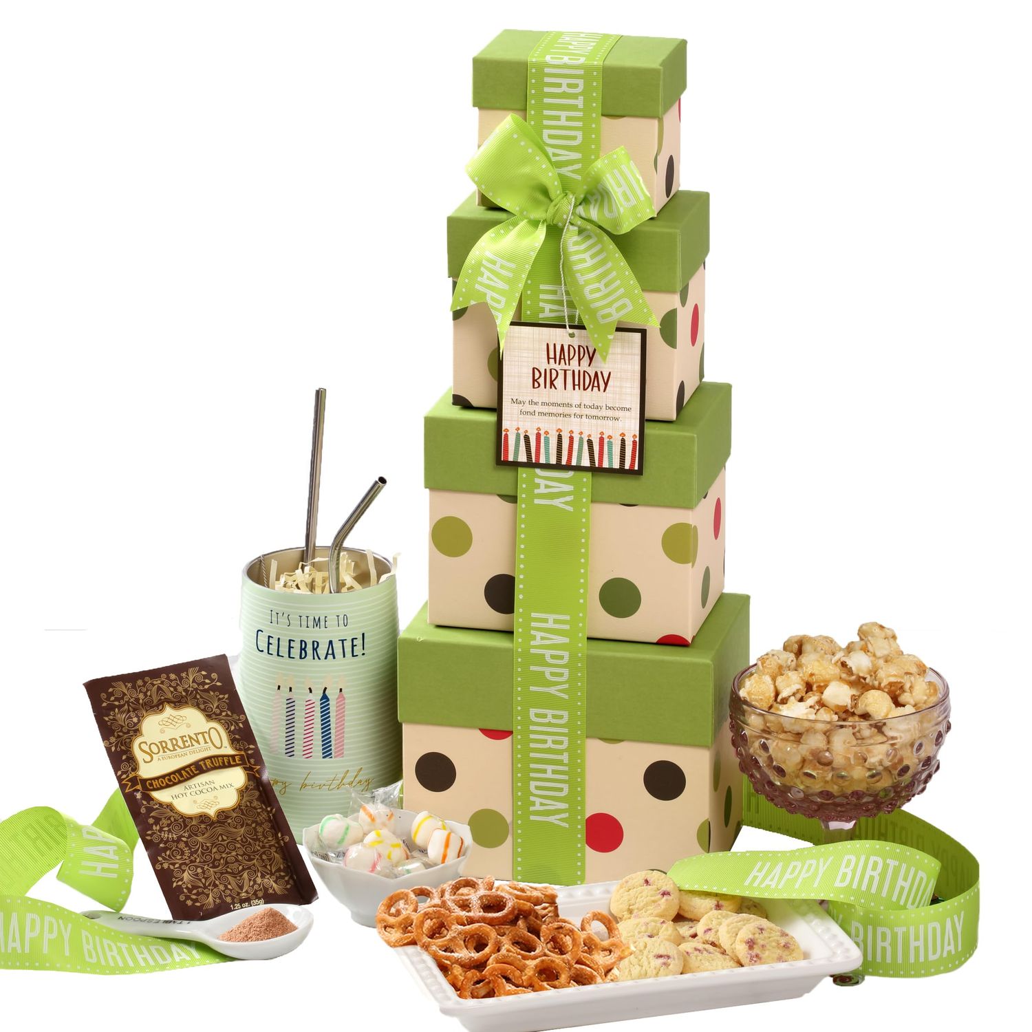 Broadway Basketeers Birthday Gift Basket Tower with Large 16oz. Insulated Gift Mug.Share Fun With Happy Birthday Gift Tower Filled with Chocolates, Sweets &amp; Truffle Cocoa.Perfect for Mom,Dad &amp; Friends