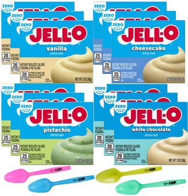 Jell-O Zero Sugar Instant Pudding &amp; Pie Filling Mix, 4 Flavor, 3 of each: Cheesecake, Pistachio, White Chocolate, Vanilla with By The Cup Mood Spoons