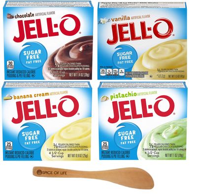 Jell-O Sugar Free Instant Pudding Bundle with Chocolate, Vanilla, Banana Creme, and Pistachio, One 1 oz Box of Each Flavor with Spice of Life Mini Bamboo Spatula