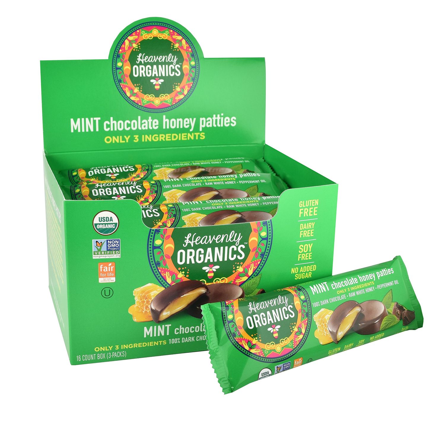 Heavenly Organics Mint Chocolate Honey Patties, (16 Per Box) Made with 100% Organic Cocoa and 100% Organic Raw White Honey; Non-GMO, Fair Trade, Kosher, Dairy &amp; Gluten Free, No Sugar Added
