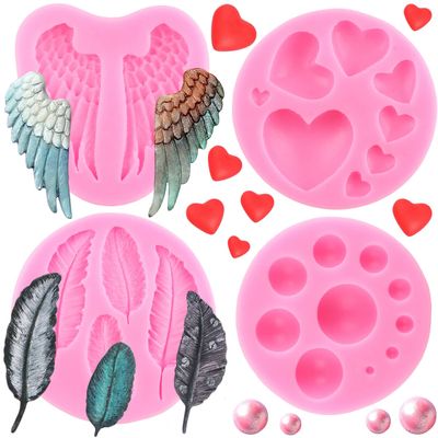 LKDQUTHM Angel Wings Silicone Molds 3D Pearl Fondant Mold Pearl Semi Sphere Feather Heart Chocolate Molds For Candy Cake Decorating Cupcake Topper Gum Paste Polymer Clay Set Of 4