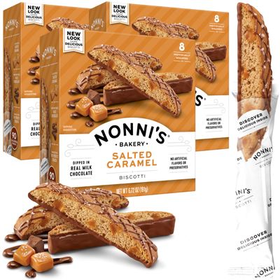 Nonni&#39;s Salted Caramel Biscotti Italian Cookies - 3 Boxes - Biscotti Individually Wrapped Cookies - Italian Biscotti Cookies w/Rich Milk Chocolate &amp; Sea Salt - Kosher - 6.72 oz