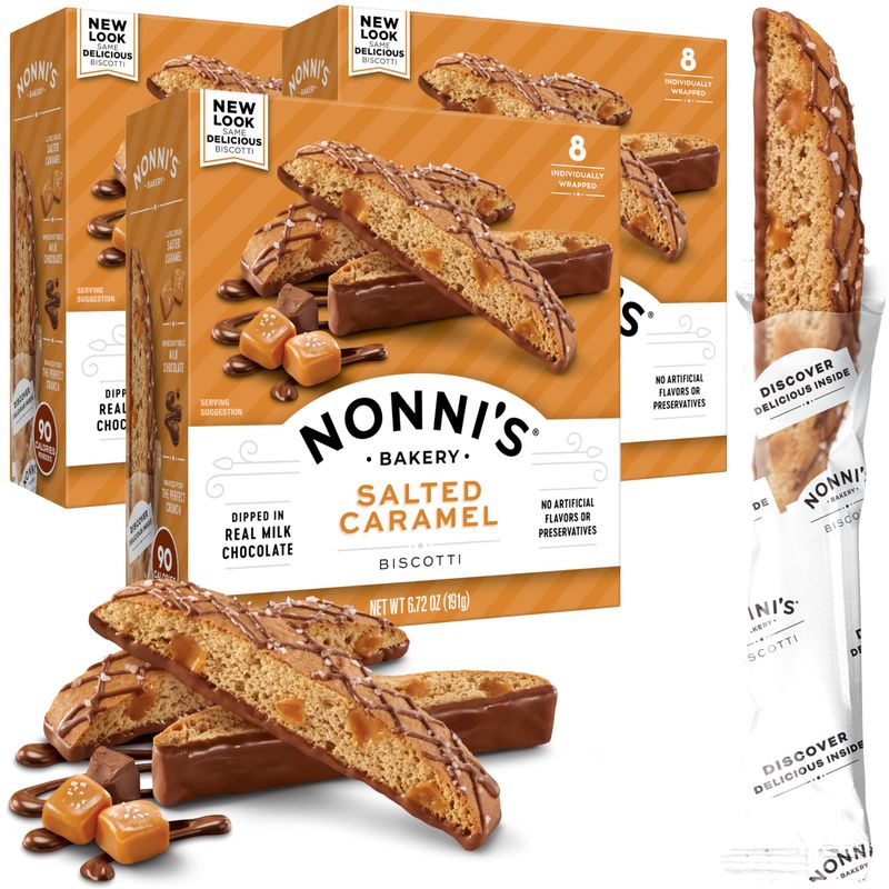 Nonni's Salted Caramel Biscotti Italian Cookies - 3 Boxes - Biscotti Individually Wrapped Cookies - Italian Biscotti Cookies w/Rich Milk Chocolate &amp; Sea Salt - Kosher - 6.72 oz