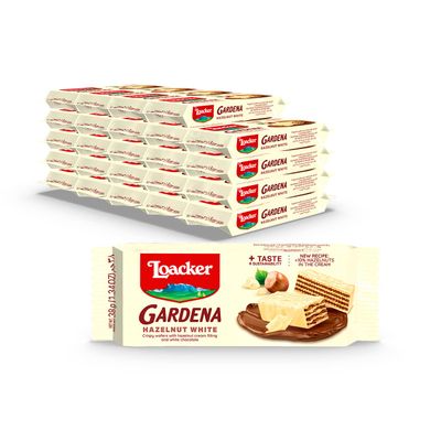 Loacker Gardena White Hazelnut - Premium White Chocolate Covered Crispy Wafer Snack Bars with Hazelnut Cream Filling - Pack of 25 individually wrapped snacks