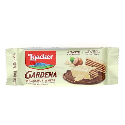 Loacker Gardena White Hazelnut - Premium White Chocolate Covered Crispy Wafer Snack Bars with Hazelnut Cream Filling - Pack of 25 individually wrapped snacks
