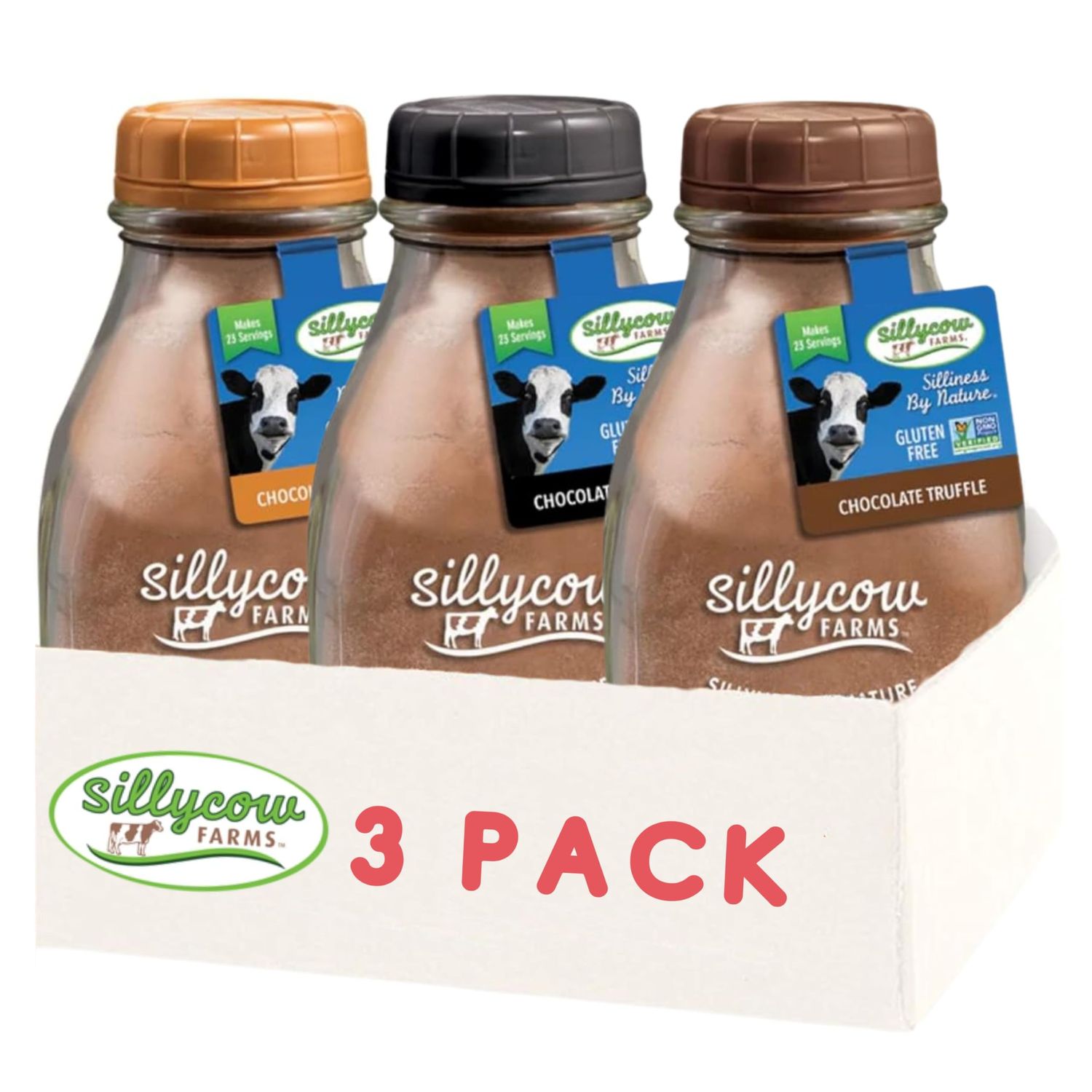 SillyCow Farms Hot Chocolate Variety Pack - Chocolate Chocolate, Chocolate Truffle, Chocolate Moo-Usse | Gluten Free, Non GMO, Pure Cocoa Delight (16.9 oz Glass Jars Pack of 3)