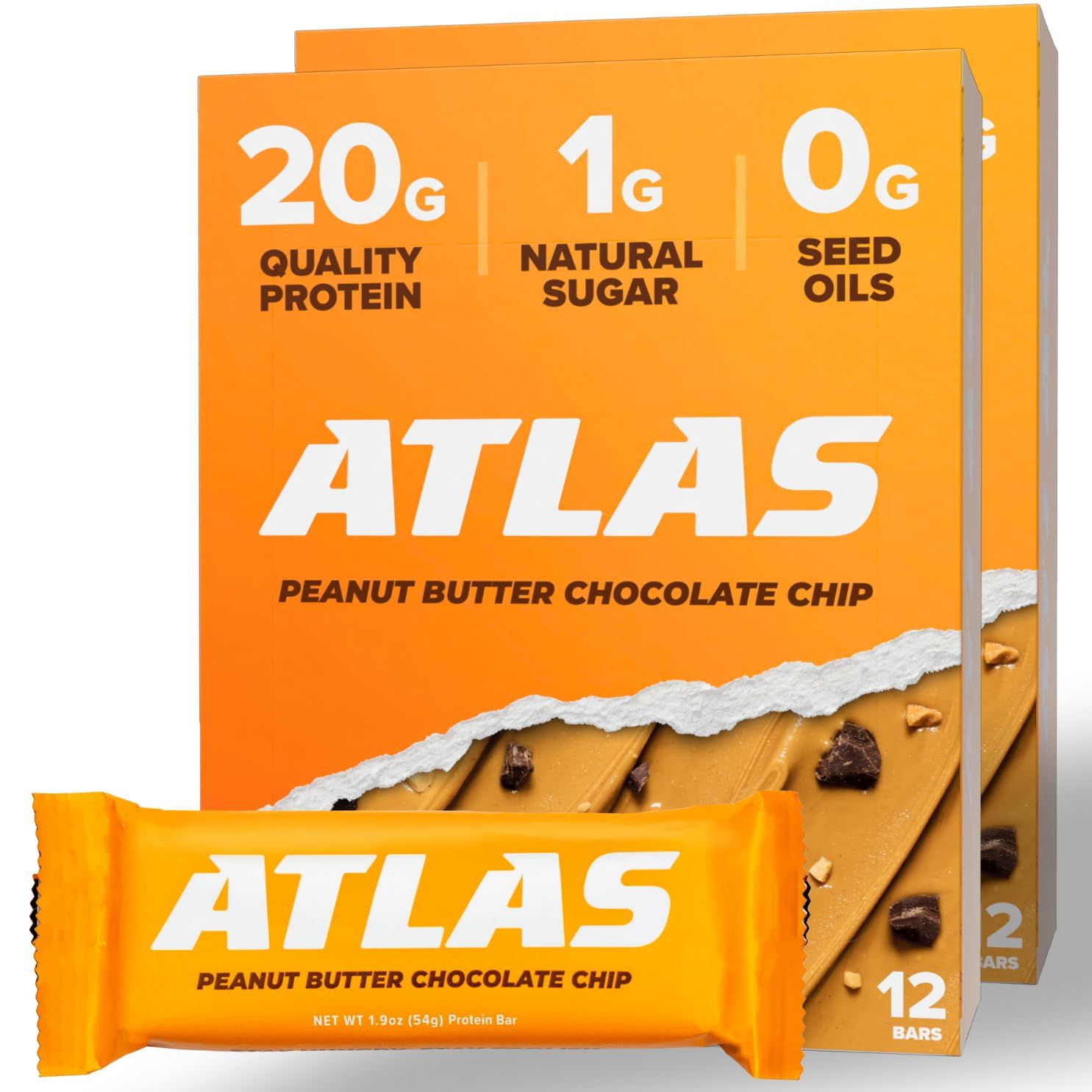 Atlas Protein Bar, 20g Protein, 1g Sugar, Clean Ingredients, Gluten Free (Peanut Butter Chocolate Chip, 12 Count (Pack of 2))