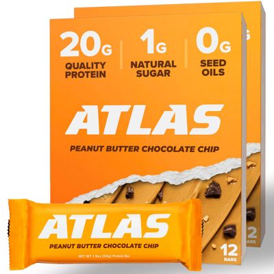 Atlas Protein Bar, 20g Protein, 1g Sugar, Clean Ingredients, Gluten Free (Peanut Butter Chocolate Chip, 12 Count (Pack of 2))