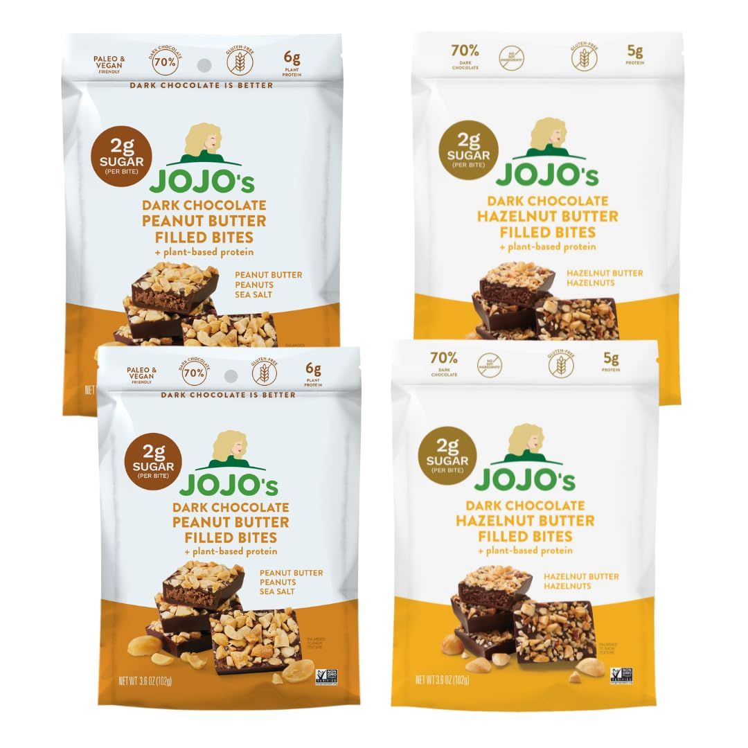 JOJO&#39;s Dark Chocolate Peanut Butter and Hazelnut Variety Pack, Healthy Snack, Low Sugar, Low Carb, Gluten Free, Non GMO, Paleo &amp; Keto Friendly, Made with Plant Based Hemp Protein, Vegan (4 Count)