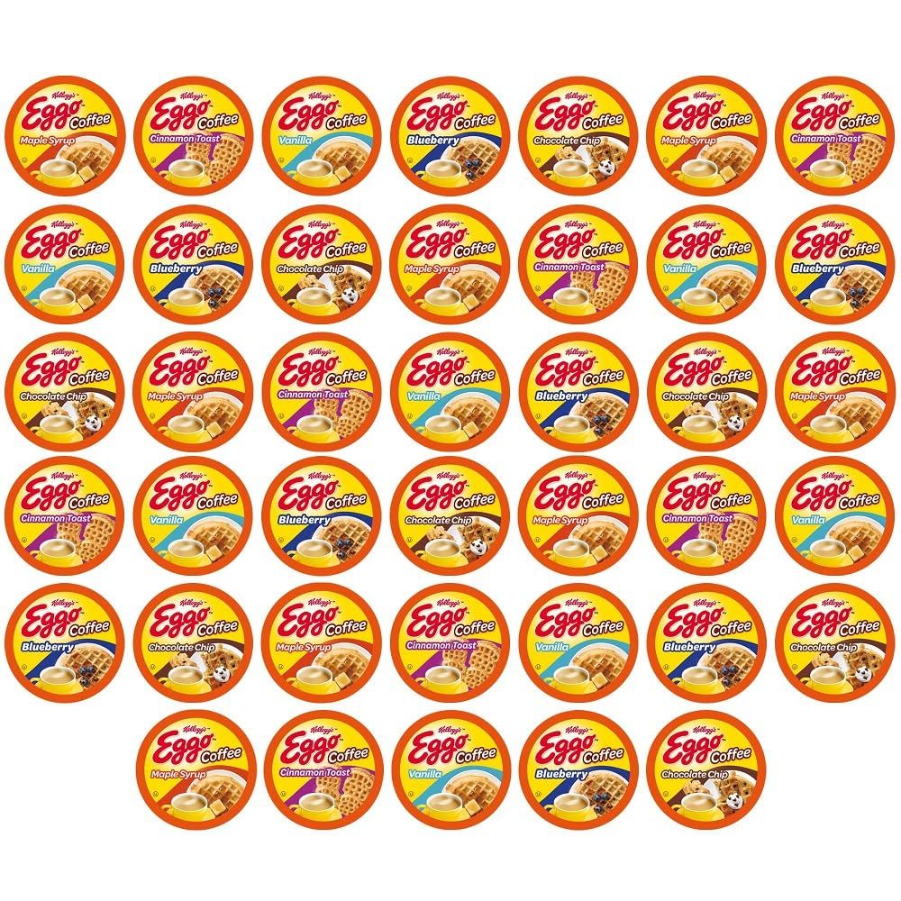 Eggo Beverages Waffle Flavored Coffee Pods Variety Pack Sampler for Keurig K Cup Brewers, Fair Trade Certified, 40 Count - Chocolate Chip, Cinnamon, Maple Syrup, Blueberry, Vanilla