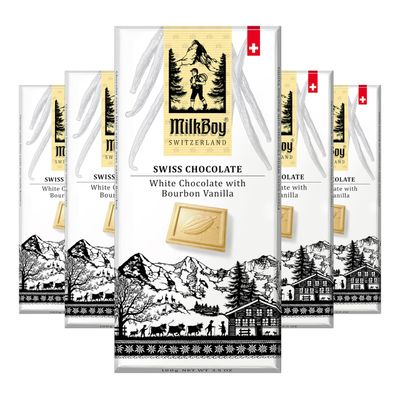 Milkboy Swiss White Chocolate Bars - Gourmet Bourbon Vanilla Chocolate Bars - Made with Pure Natural Vanilla - White Premium - Gluten Free - Non-GMO - Kosher - 3.5oz (Pack of 5)