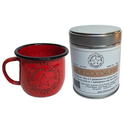 Dripping Springs Chocolate Co Original Hot Chocolate Gift Set - 8.5 Oz Original Hot Cocoa Mix Canister + Camp Mug - Delicious Rich Dairy-Free, Soy-Free, Gluten-Free, &amp; Vegan Treat - Made in Texas, USA