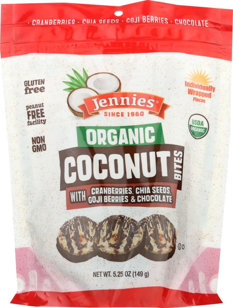Jennies Organic Coconut Bites with Cranberries, Goji, Chia Seeds, &amp; Chocolate 5.25oz | Gluten Free | Peanut Free | Dairy Free | Individually Wrapped