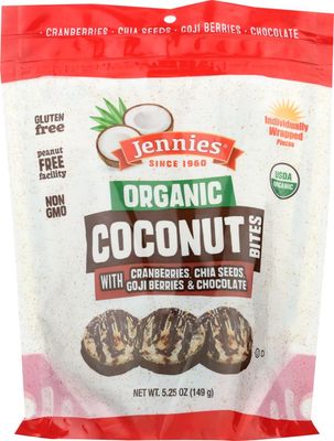 Jennies Organic Coconut Bites with Cranberries, Goji, Chia Seeds, &amp; Chocolate 5.25oz | Gluten Free | Peanut Free | Dairy Free | Individually Wrapped