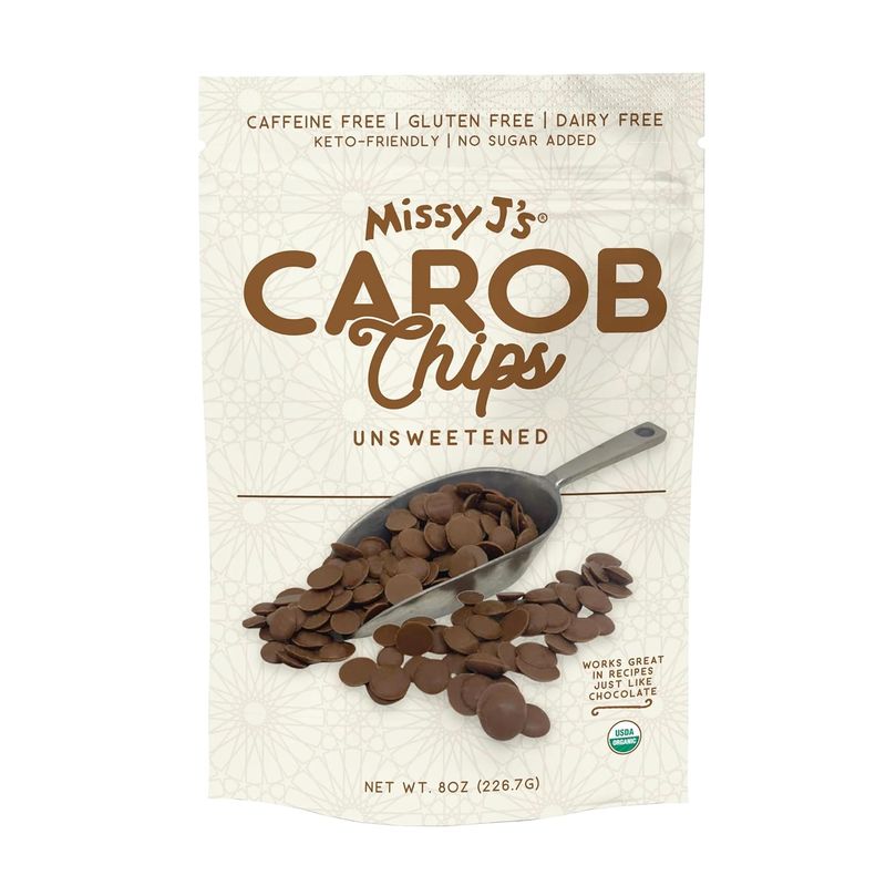 Missy J&#39;s organic Unsweetened Carob Chips 8 Oz, Vegan, Gluten and Caffeine Free, Healthy Substitute for Chocolate, Perfect for Snacks and Treats