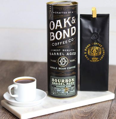 Espresso Bourbon Barrel Aged Coffee, Colombia &amp; Brazil Blend, Whole Bean Arabica, Dark Roast w/ Chocolate, Black Cherry, Toffee, Rich Kentucky Bourbon &amp; Oak Flavors by Oak &amp; Bond Coffee Co. - 10oz.