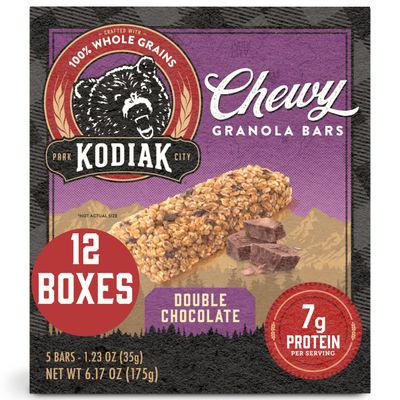 Kodiak Cakes Chewy Granola Snack Bars, Double Dark Chocolate, High Protein, 100% Whole Grains, 12 boxes with 5 bars each (60 bars total)