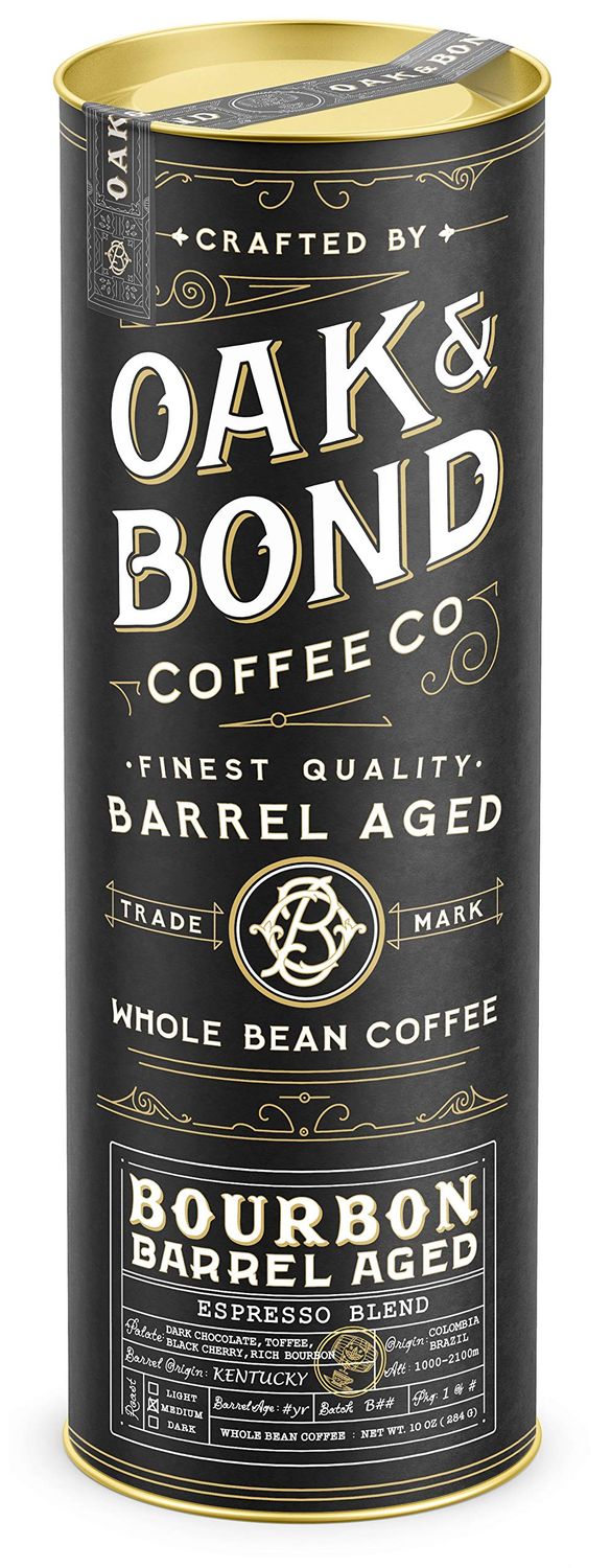 Espresso Bourbon Barrel Aged Coffee, Colombia &amp; Brazil Blend, Whole Bean Arabica, Dark Roast w/ Chocolate, Black Cherry, Toffee, Rich Kentucky Bourbon &amp; Oak Flavors by Oak &amp; Bond Coffee Co. - 10oz.