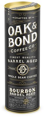 Espresso Bourbon Barrel Aged Coffee, Colombia &amp; Brazil Blend, Whole Bean Arabica, Dark Roast w/ Chocolate, Black Cherry, Toffee, Rich Kentucky Bourbon &amp; Oak Flavors by Oak &amp; Bond Coffee Co. - 10oz.