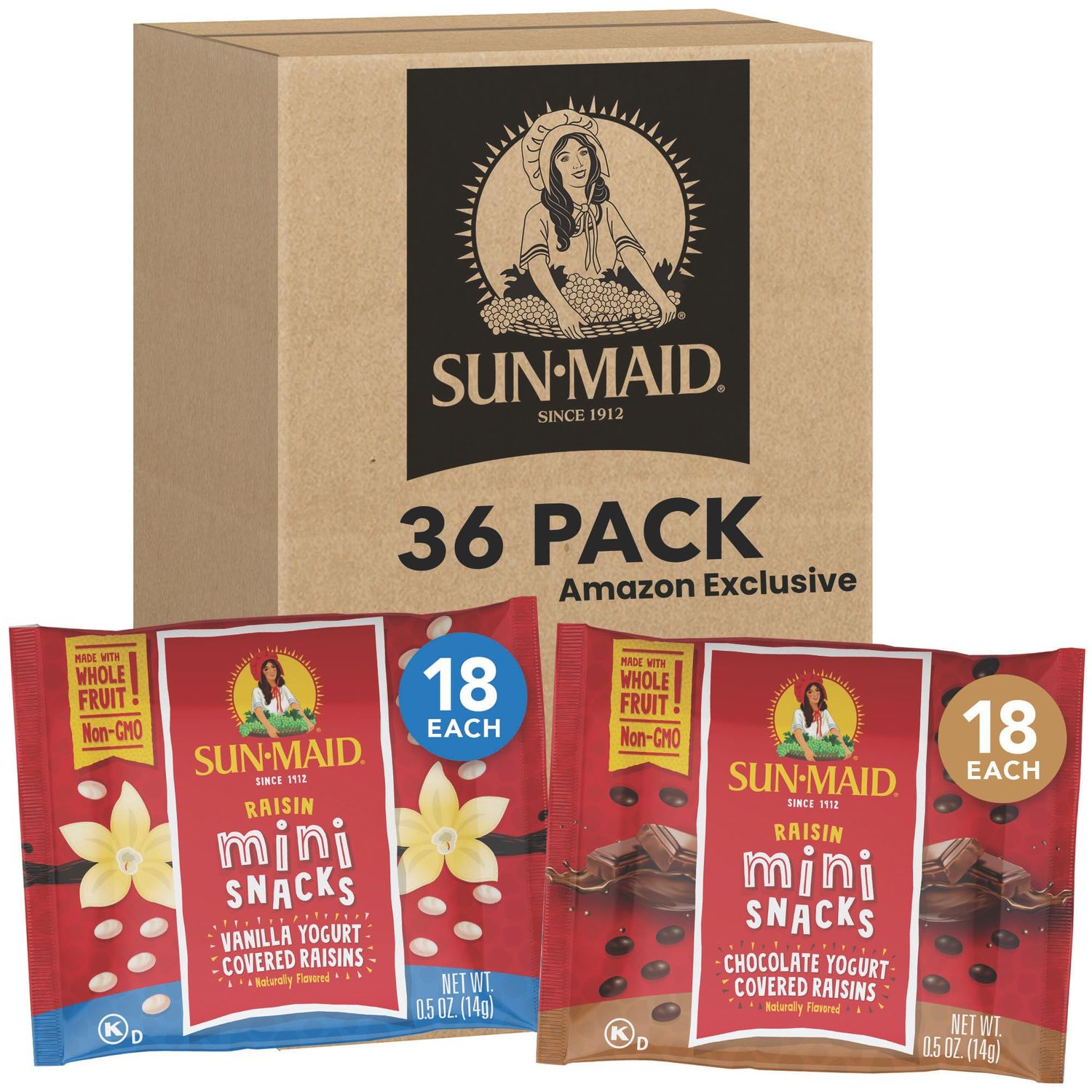 Sun-Maid Vanilla &amp; Chocolate Yogurt Coated Raisins Variety Pack - (36 Pack) 0.5 oz Mini Snack-Size Bag - Yogurt Covered Dried Fruit Snack (Amazon Exclusive)