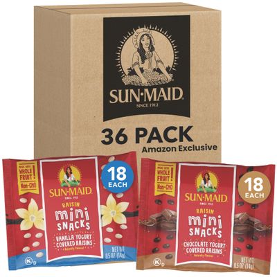 Sun-Maid Vanilla &amp; Chocolate Yogurt Coated Raisins Variety Pack - (36 Pack) 0.5 oz Mini Snack-Size Bag - Yogurt Covered Dried Fruit Snack (Amazon Exclusive)
