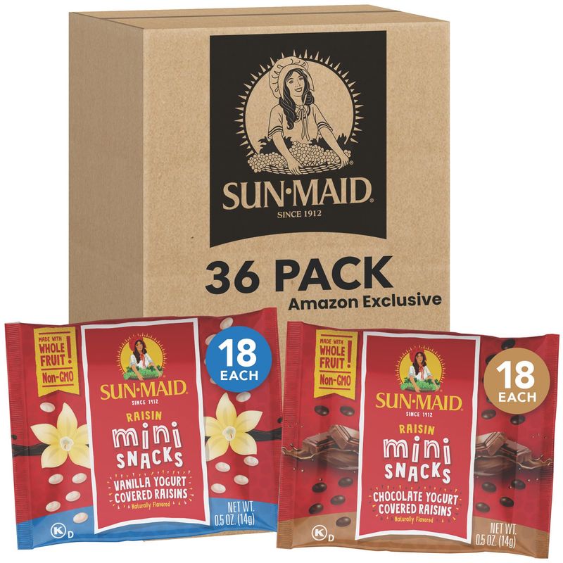 Sun-Maid Vanilla &amp; Chocolate Yogurt Coated Raisins Variety Pack - (36 Pack) 0.5 oz Mini Snack-Size Bag - Yogurt Covered Dried Fruit Snack (Amazon Exclusive)