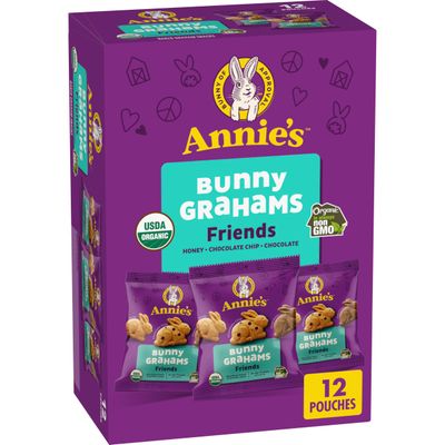 Annie&#39;s Organic Friends Bunny Grahams, Chocolate Chip, Chocolate, and Honey Baked Graham Snacks, 12 Pouches, 12 oz