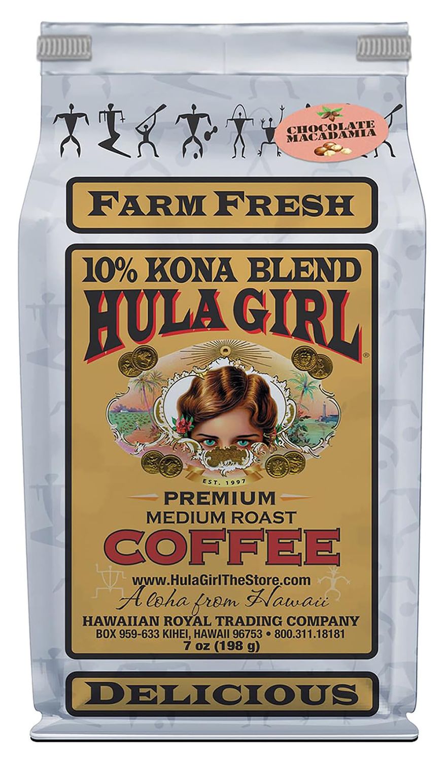 Hula Girl 10% Hawaiian Kona Coffee Blend Chocolate Mac Nut, 198 Gram