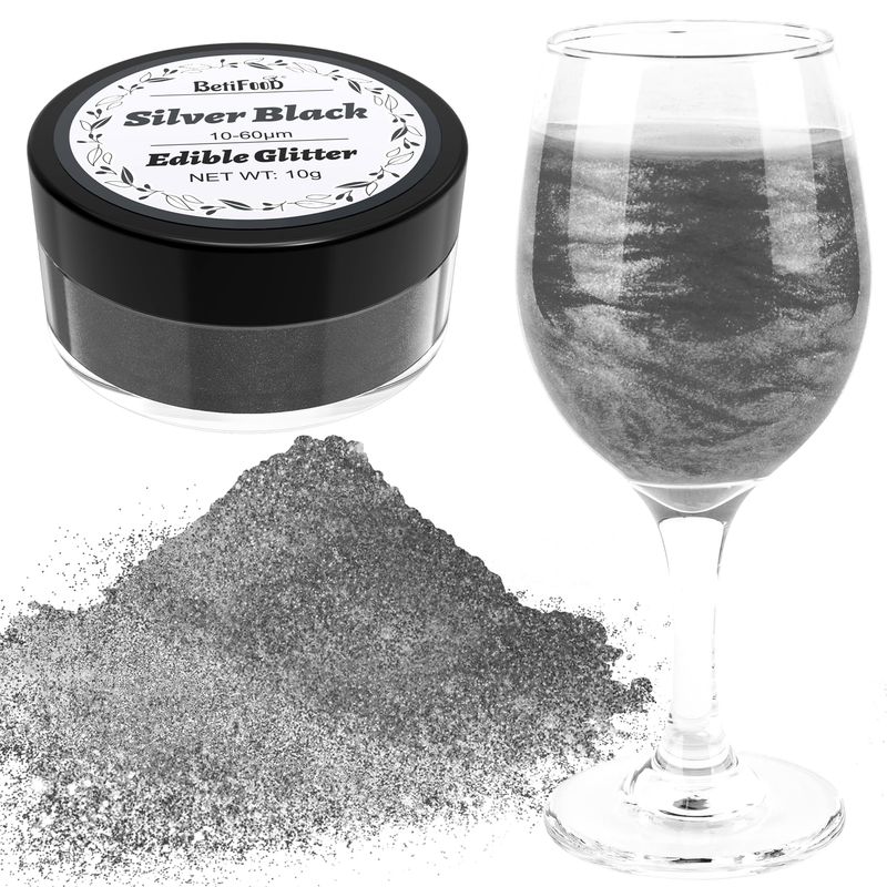 Edible Glitter - Silver Black Luster Dust Edible, Food Grade Cake Decorating Shimmering Glitter for Drinks, Powder Glitter for Fondant, Chocolate, Candy, Cookie - 10g/Bottle