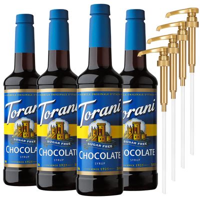 Sugar Free Chocolate Syrup with Little Squirt Syrup Pump, Plastic Bottle 750ml 25.4 Ounces (Pack of 4)