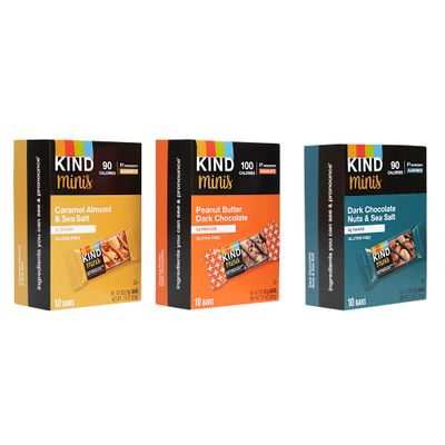 Kind Minis, Variety Pack. Contains 1 Peanut Butter Dark Chocolate, 1 Caramel Almond &amp; Sea Salt, and 1 Dark Chocolate Nuts &amp; Sea Salt, Low Sugar, Healthy Snacks, Ilios Packaging. 3 Packs [30 Bars]